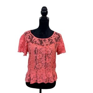 Nine West Vintage America Coral Floral Lace Smocked Peplum Top Women's M Boho